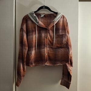 Rue21 Women's Multicolor Plaid Cropped Shirt with Gray Hood